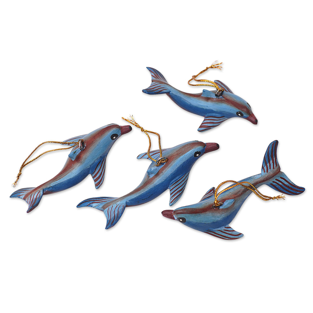 Handcrafted Jempinis Wood Dolphin Ornaments (Set of 4) - Joyful Flippers
