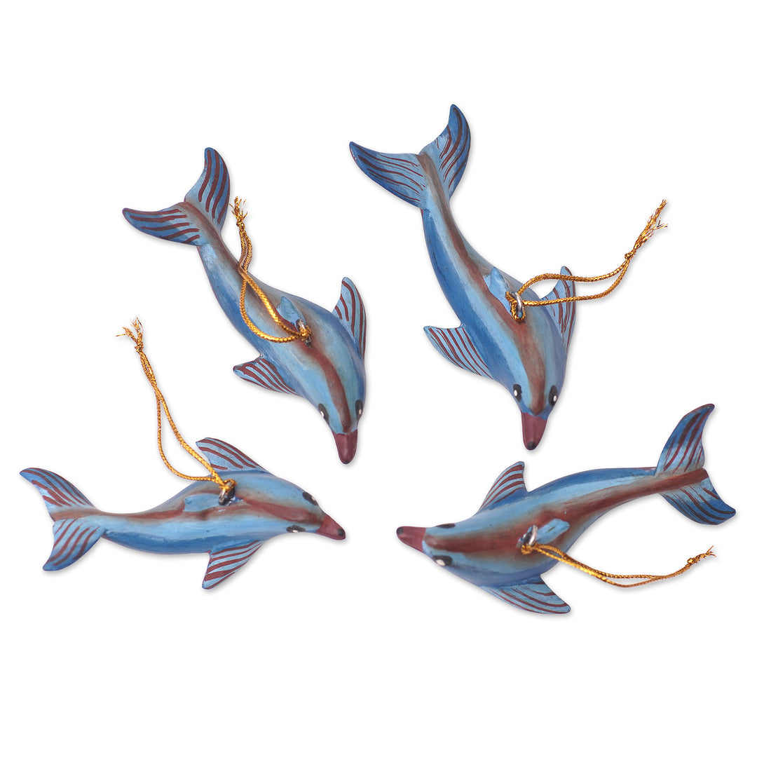 Handcrafted Jempinis Wood Dolphin Ornaments (Set of 4) - Joyful Flippers