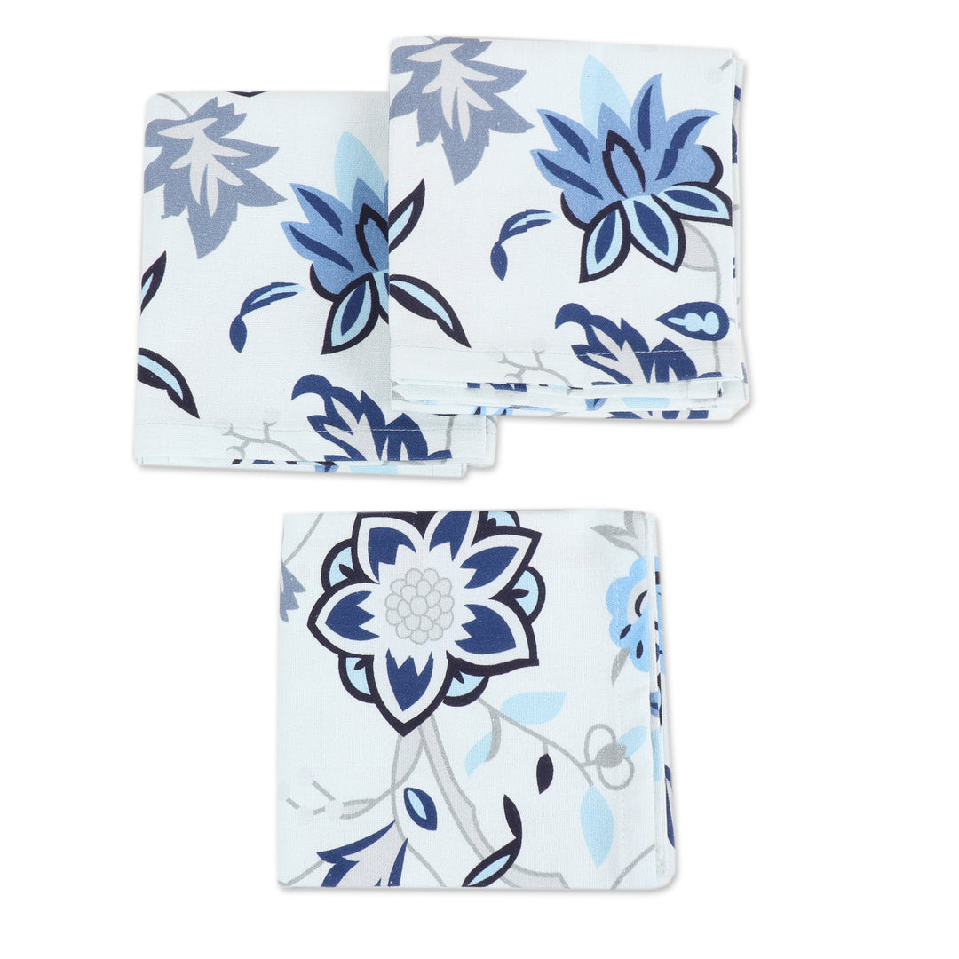 Set of 3 Cotton Towels with Blue Floral Design from India - Floral Blue