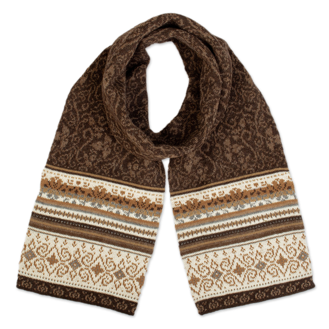 Brown and Ivory 100% Alpaca Scarf with Floral Motifs - Autumn Charm