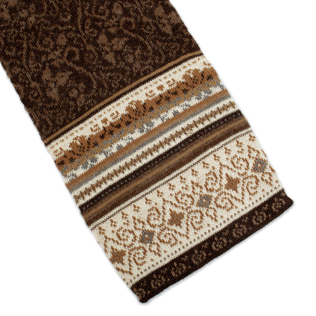 Brown and Ivory 100% Alpaca Scarf with Floral Motifs - Autumn Charm