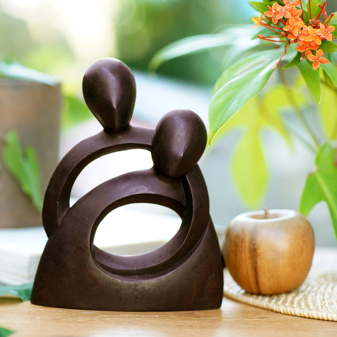 Hand-Carved Romantic Suar Wood Sculpture of Couple Hugging - Endless Embrace