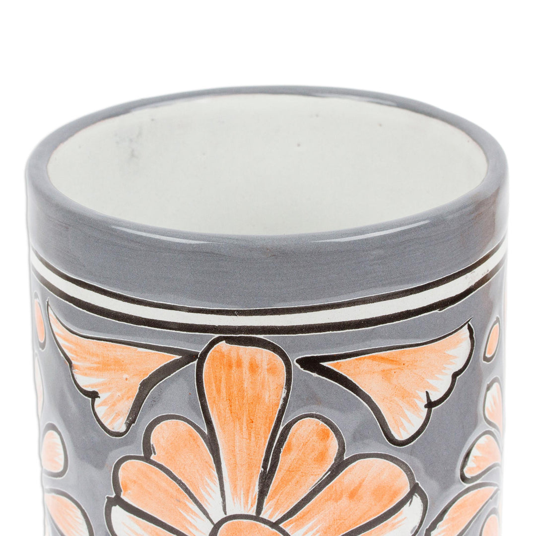 Handcrafted Floral Ceramic Vase in Grey and Orange - Grey Salon
