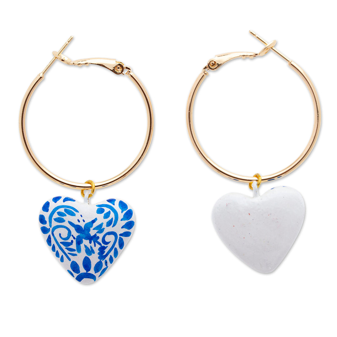 14k Gold-Plated Hoop Earrings with Blue Papier Mache Hearts - Blue Affection