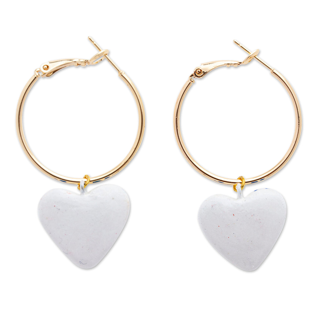 14k Gold-Plated Hoop Earrings with Blue Papier Mache Hearts - Blue Affection