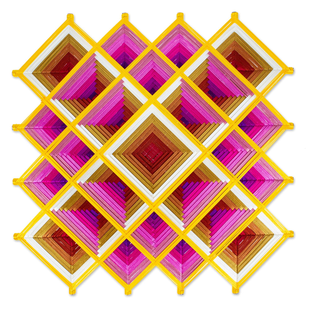Pine Wood Handwoven Pink Wall Art with Geometric Motifs - Pink Divinity