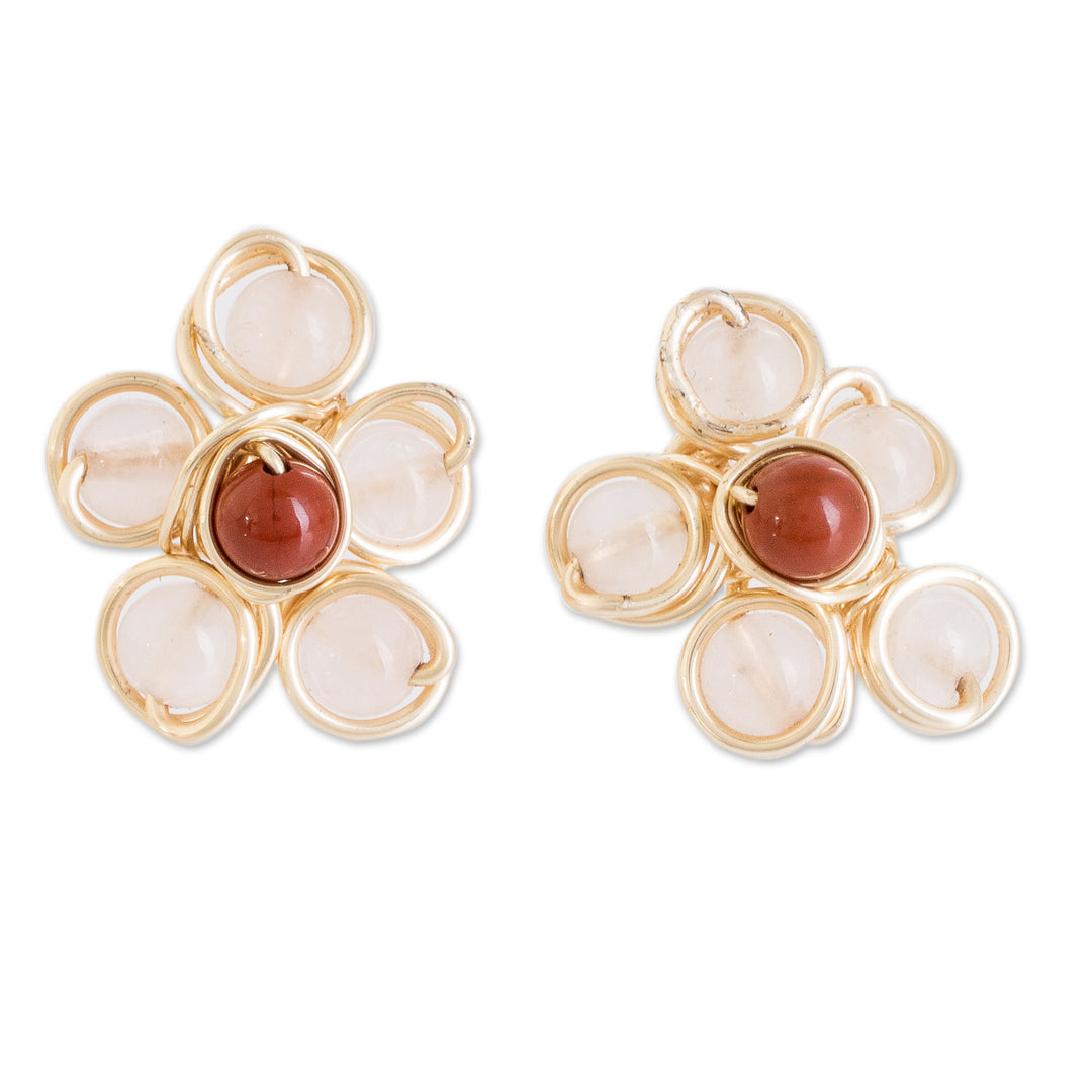 Handcrafted Rose Quartz and Agate Floral Button Earrings - Harmony Blooms
