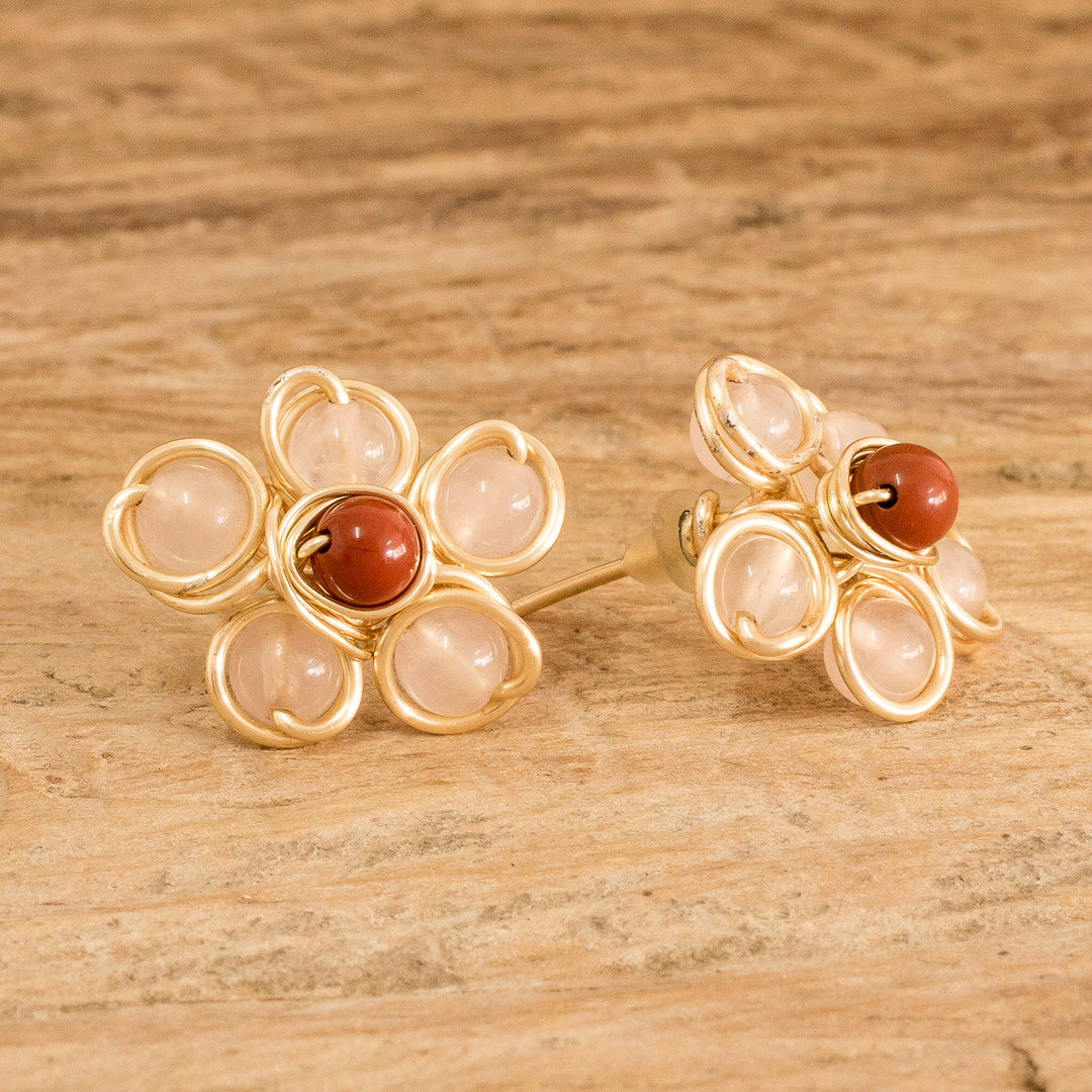 Handcrafted Rose Quartz and Agate Floral Button Earrings - Harmony Blooms