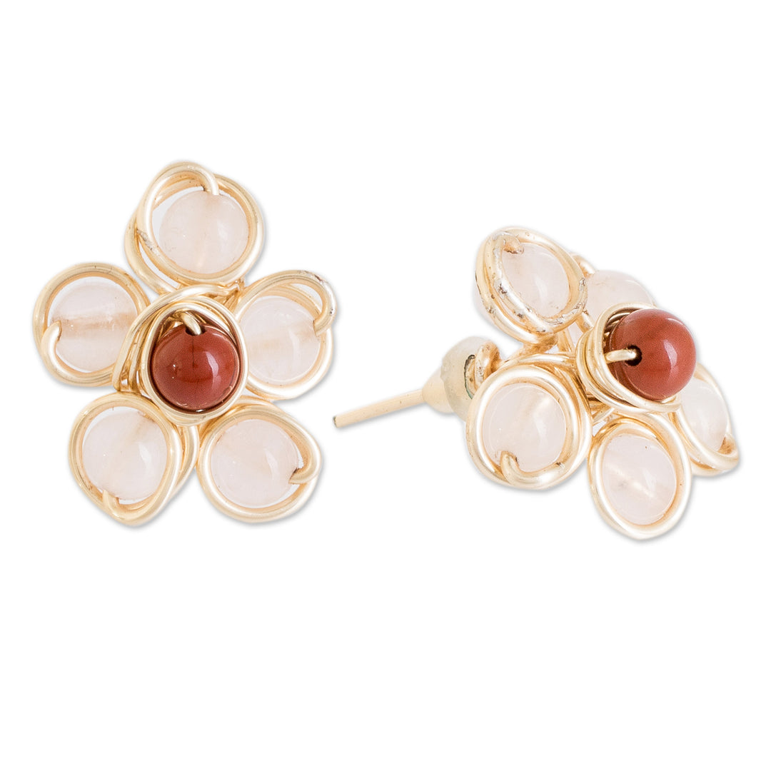 Handcrafted Rose Quartz and Agate Floral Button Earrings - Harmony Blooms