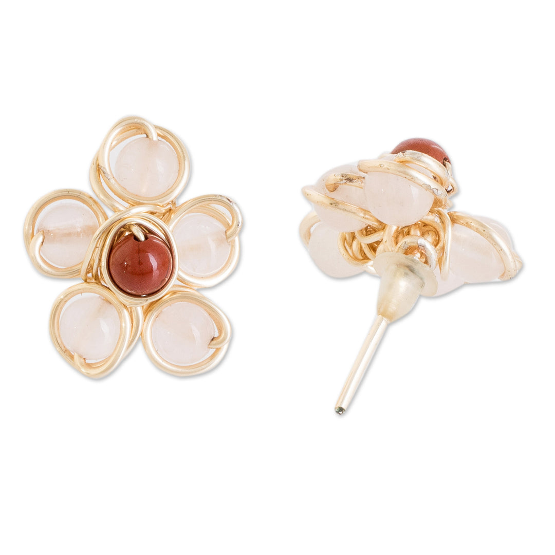 Handcrafted Rose Quartz and Agate Floral Button Earrings - Harmony Blooms