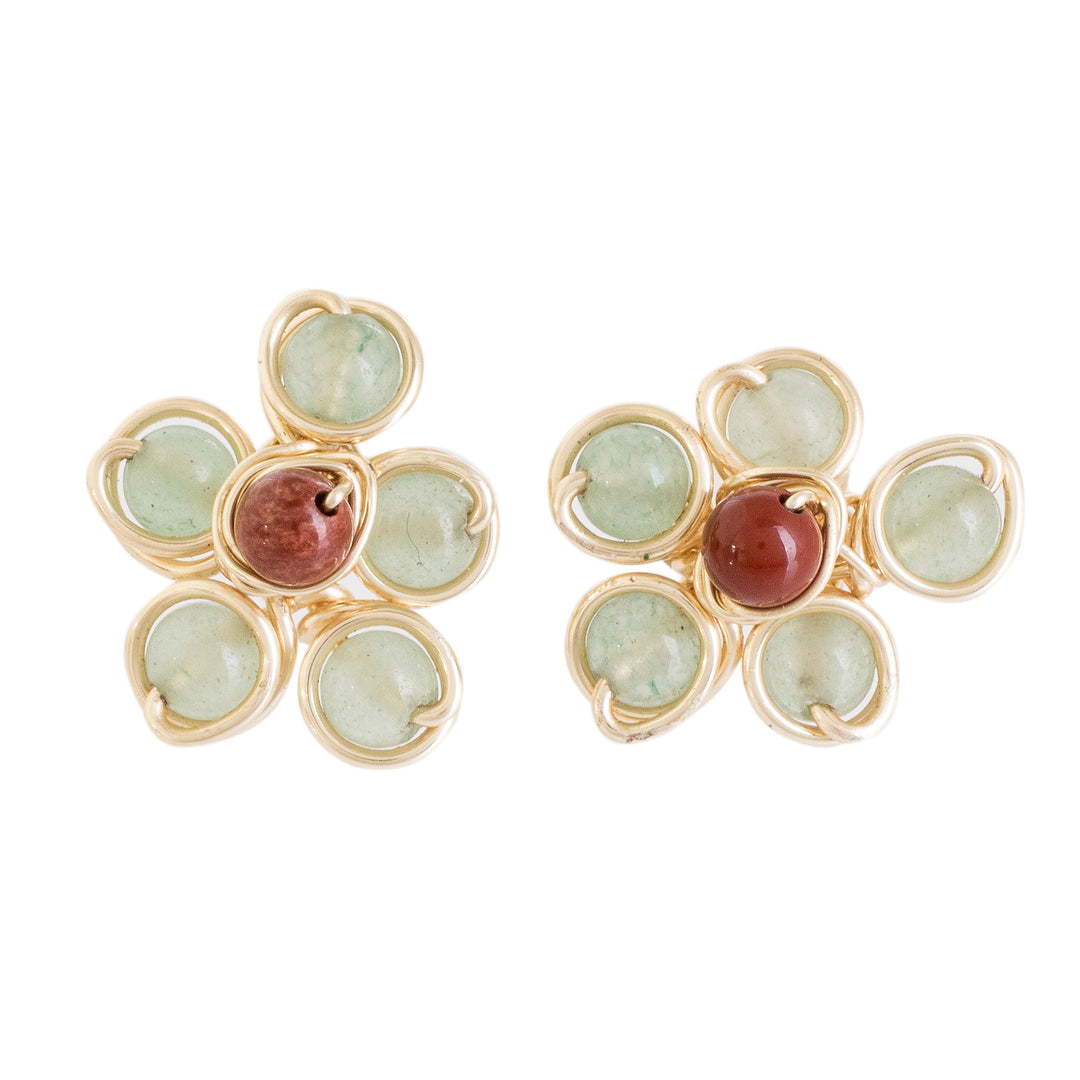 Handcrafted Red and Green Agate Floral Button Earrings - Strength Blooms