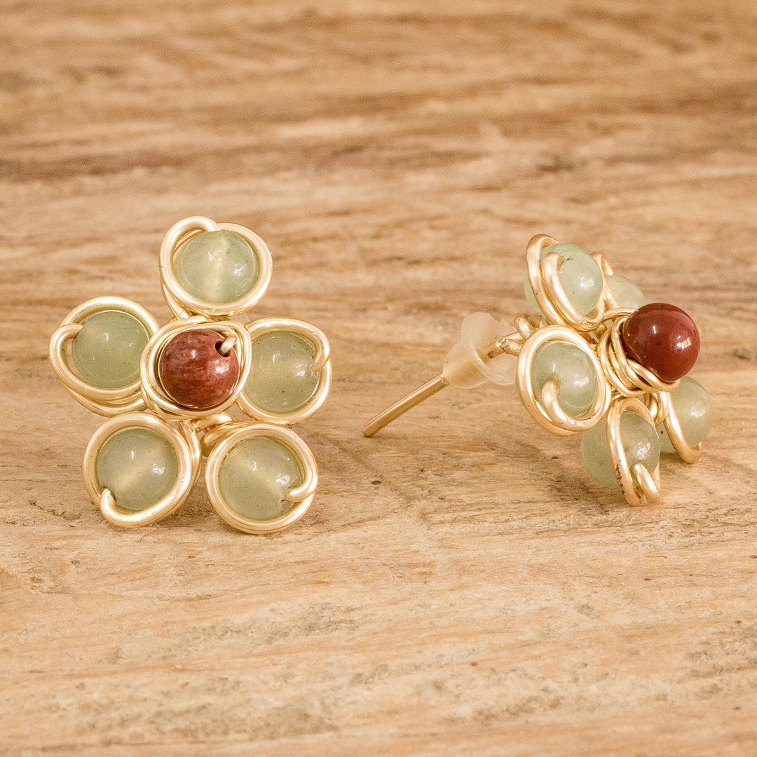 Handcrafted Red and Green Agate Floral Button Earrings - Strength Blooms