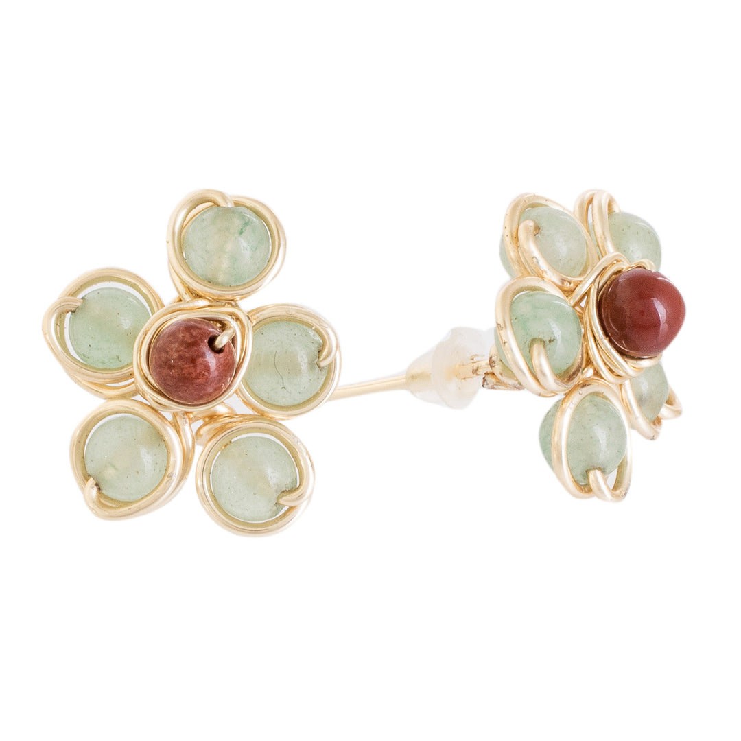 Handcrafted Red and Green Agate Floral Button Earrings - Strength Blooms