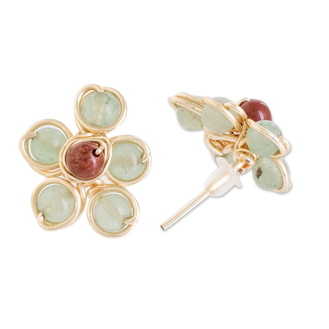 Handcrafted Red and Green Agate Floral Button Earrings - Strength Blooms