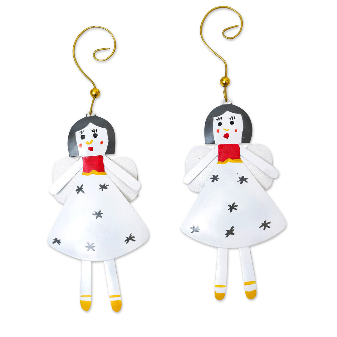 Pair of Angels Iron Christmas Ornaments Hand-Painted in Bali - Pretty Snow Angels