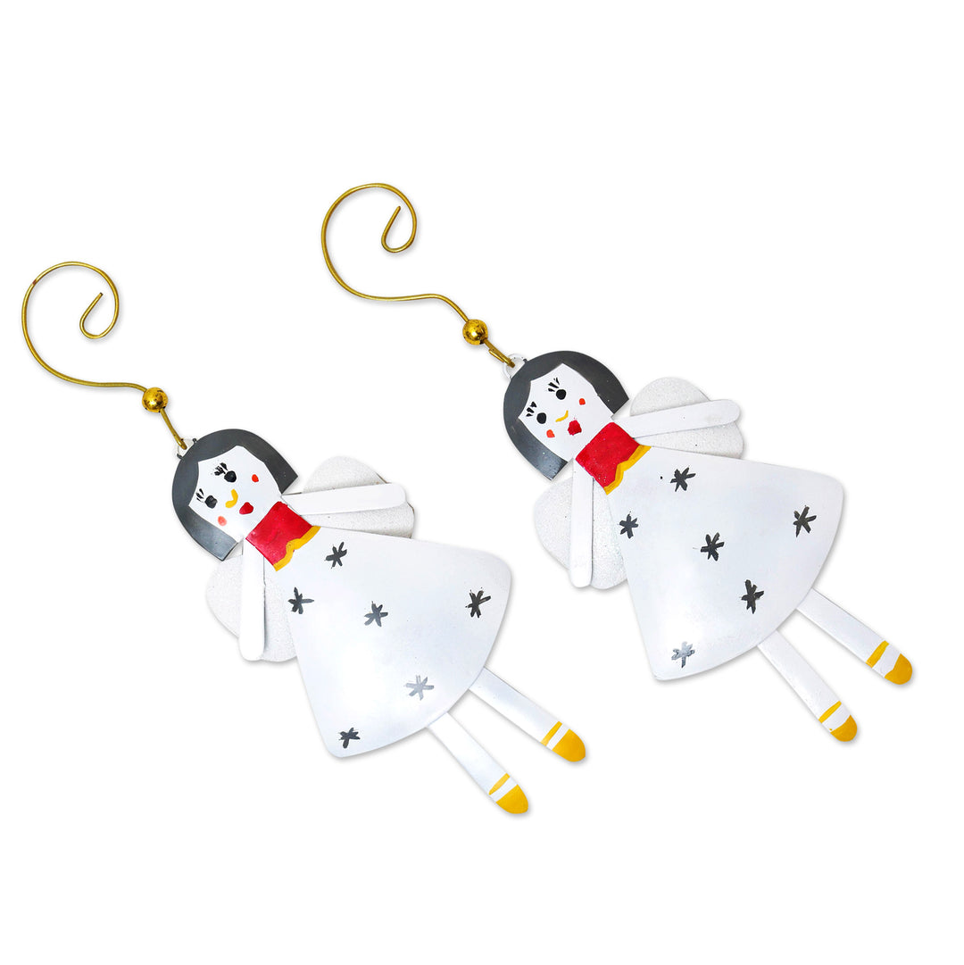Pair of Angels Iron Christmas Ornaments Hand-Painted in Bali - Pretty Snow Angels