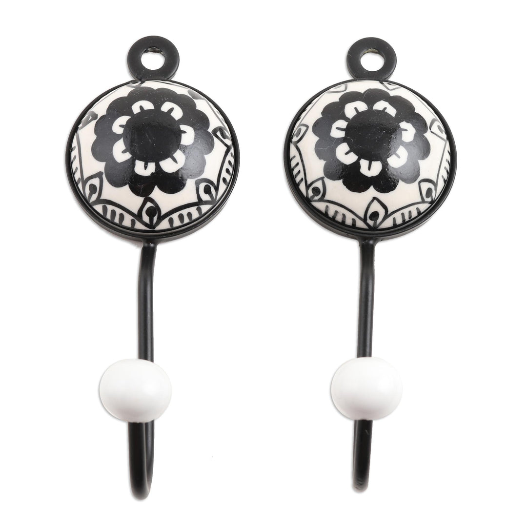 Painted Floral Ceramic Coat Hooks from India (Pair) - Friendly Petals