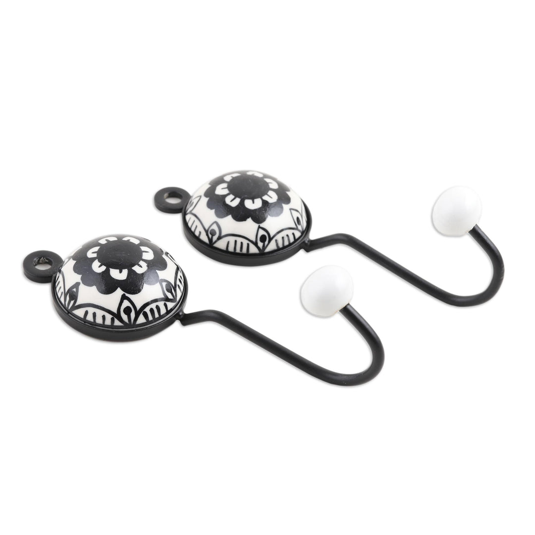 Painted Floral Ceramic Coat Hooks from India (Pair) - Friendly Petals