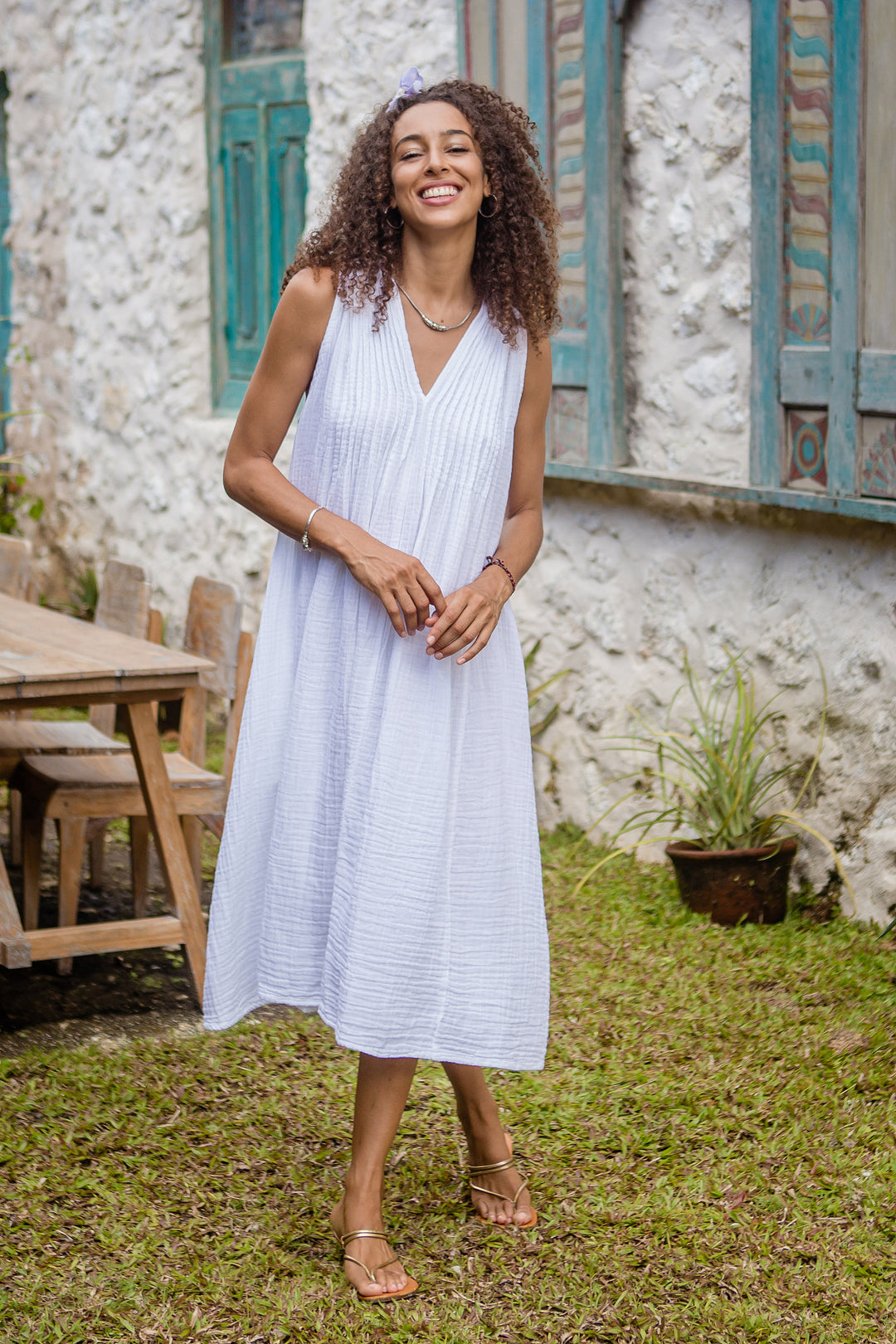 Sleeveless Cotton Gauze Summer Dress in White from Thailand - A Day Off in White