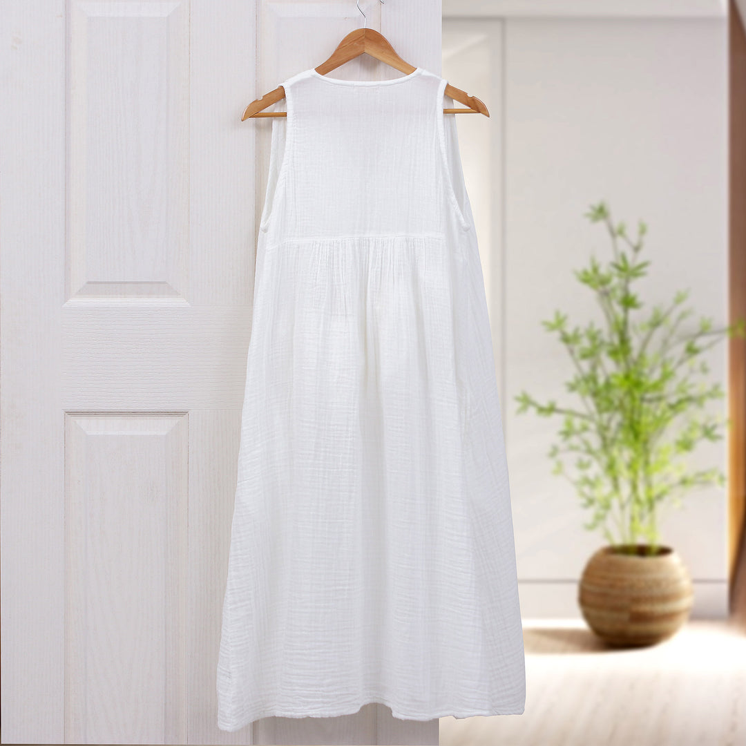 Sleeveless Cotton Gauze Summer Dress in White from Thailand - A Day Off in White