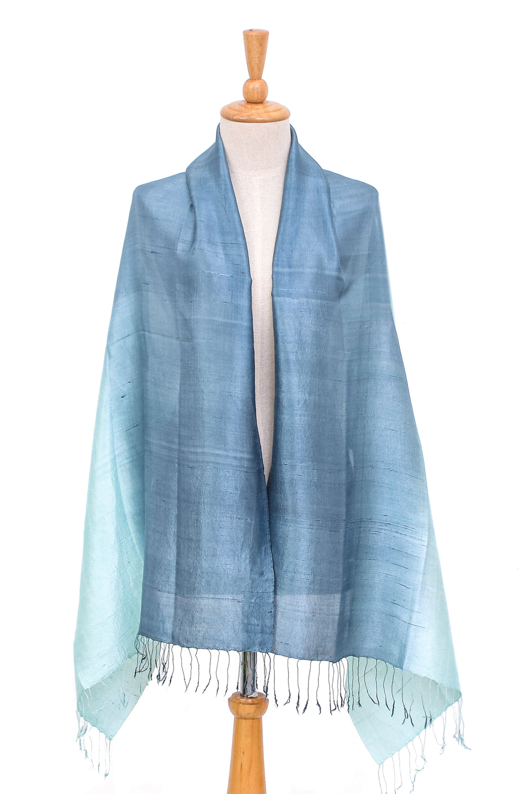 Blue and Green Fringed Silk Shawl Hand-Woven in Thailand - Hydrangea Spring