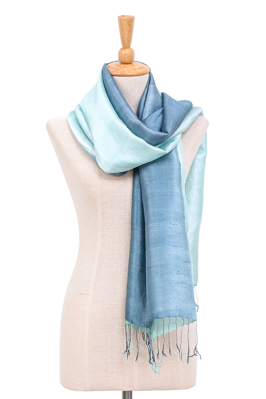 Blue and Green Fringed Silk Shawl Hand-Woven in Thailand - Hydrangea Spring