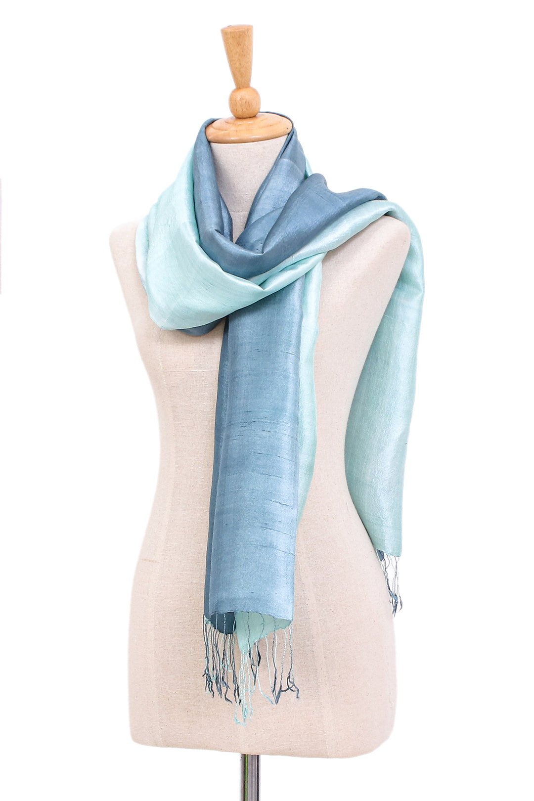 Blue and Green Fringed Silk Shawl Hand-Woven in Thailand - Hydrangea Spring