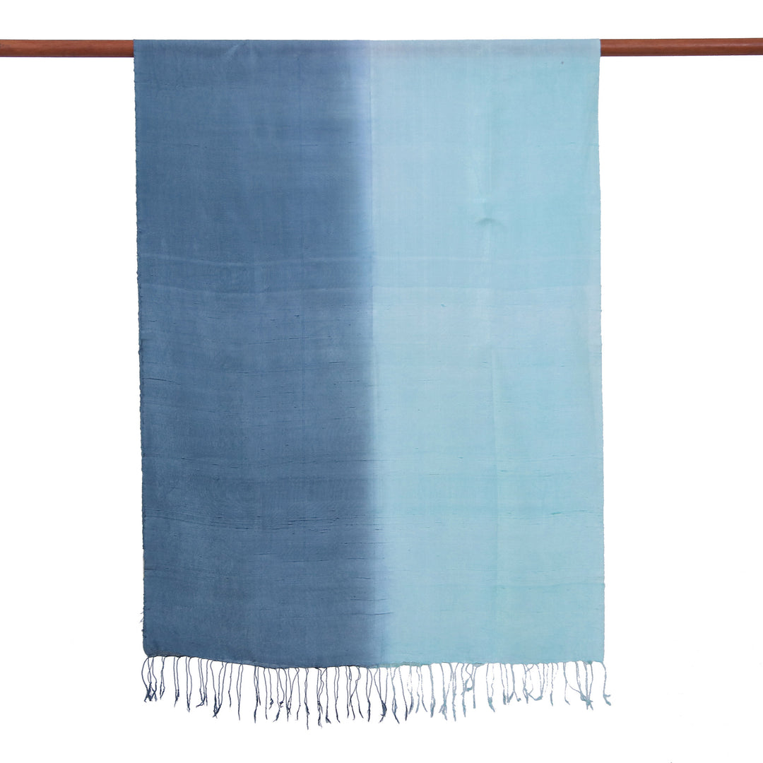 Blue and Green Fringed Silk Shawl Hand-Woven in Thailand - Hydrangea Spring