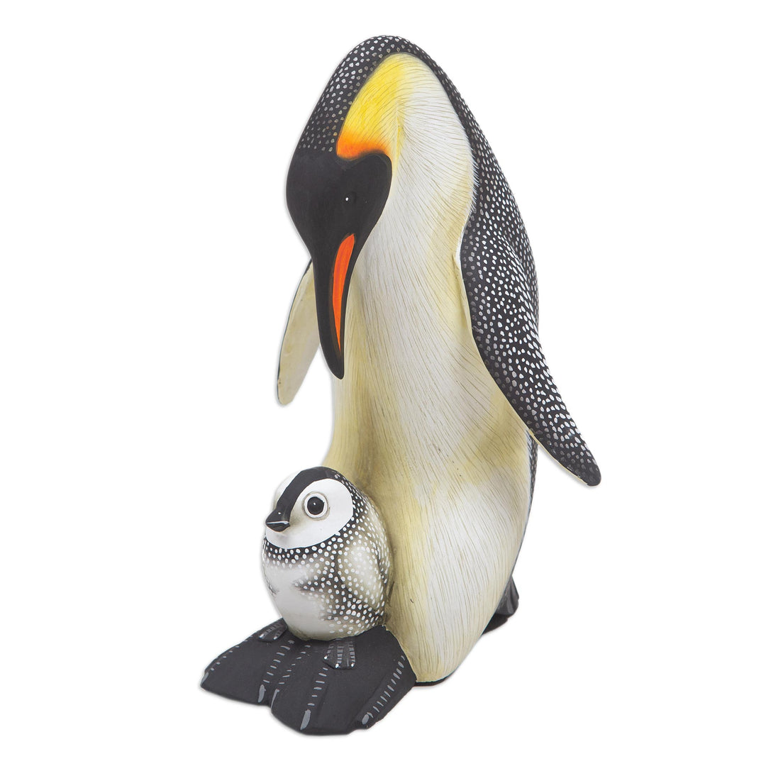 Suar Wood Penguin Sculpture Carved and Painted by Hand - Penguin Mother and Chick