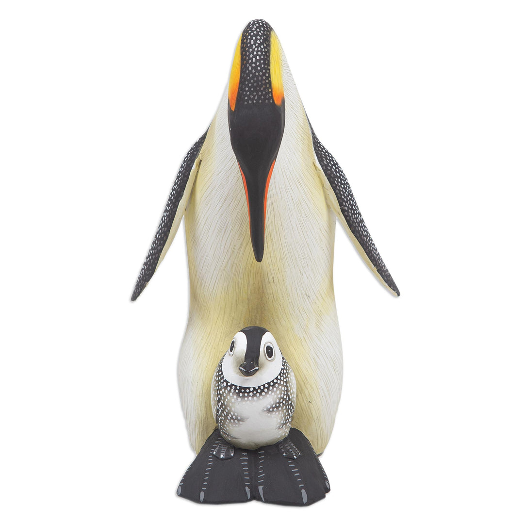 Suar Wood Penguin Sculpture Carved and Painted by Hand - Penguin Mother and Chick