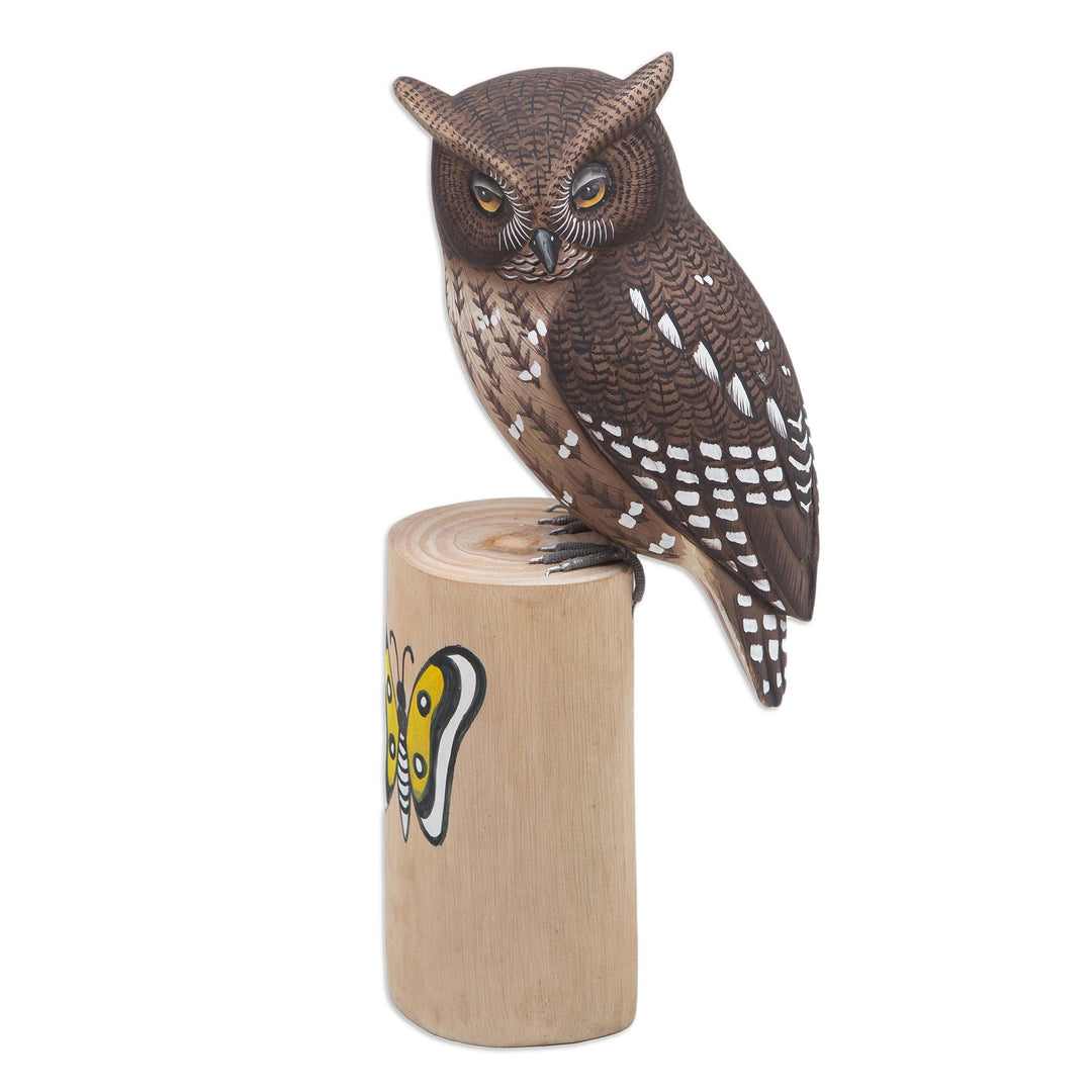 Teak and Suar Wood Owl Sculpture Carved and Painted by Hand - Owl and Butterfly