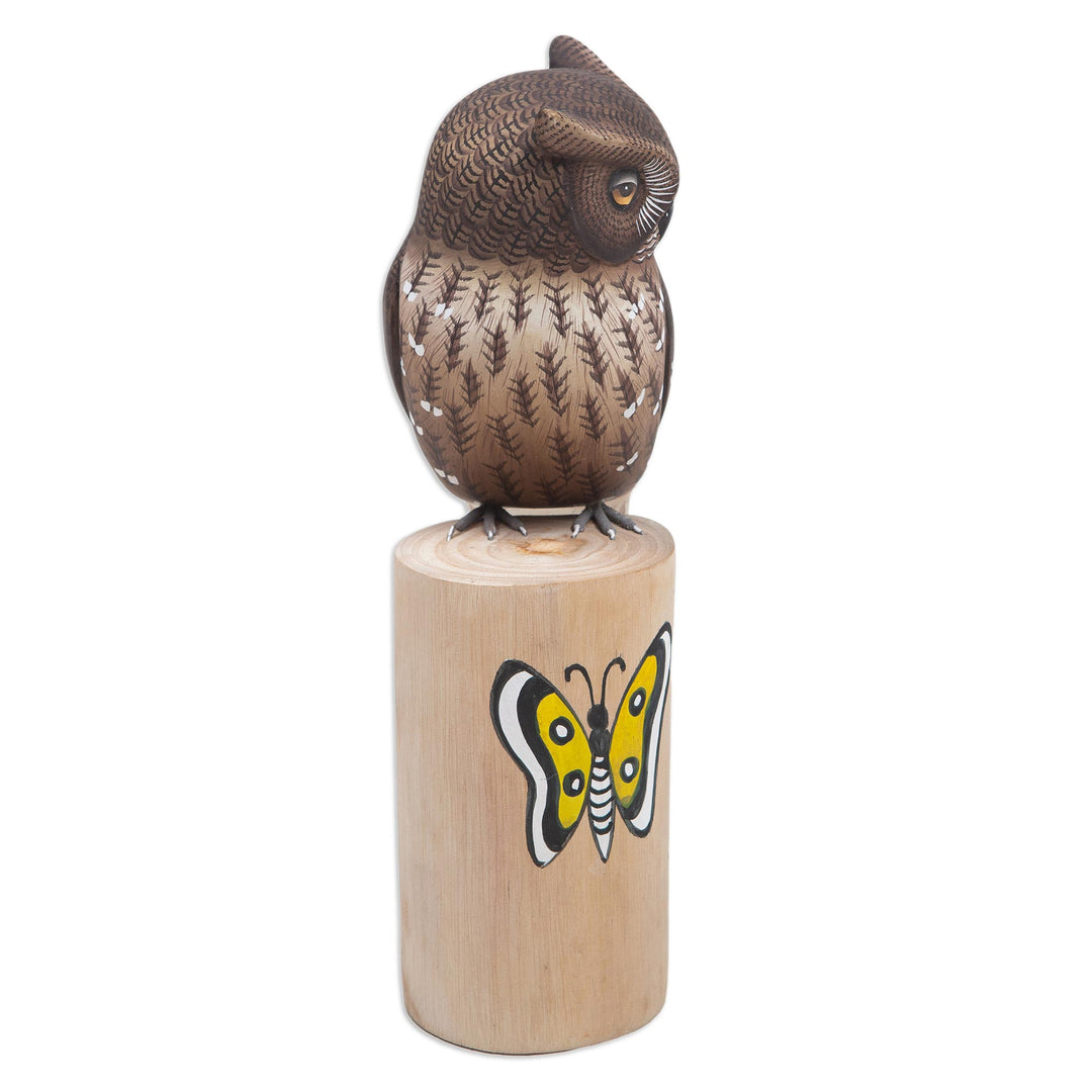 Teak and Suar Wood Owl Sculpture Carved and Painted by Hand - Owl and Butterfly