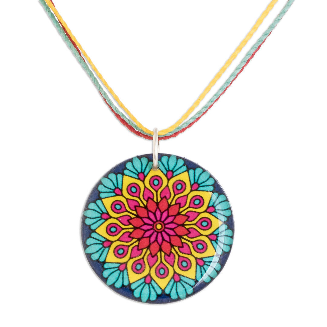 Vibrant Resin Mandala Pendant Necklace with Sliding Knot - Peacock Mandala