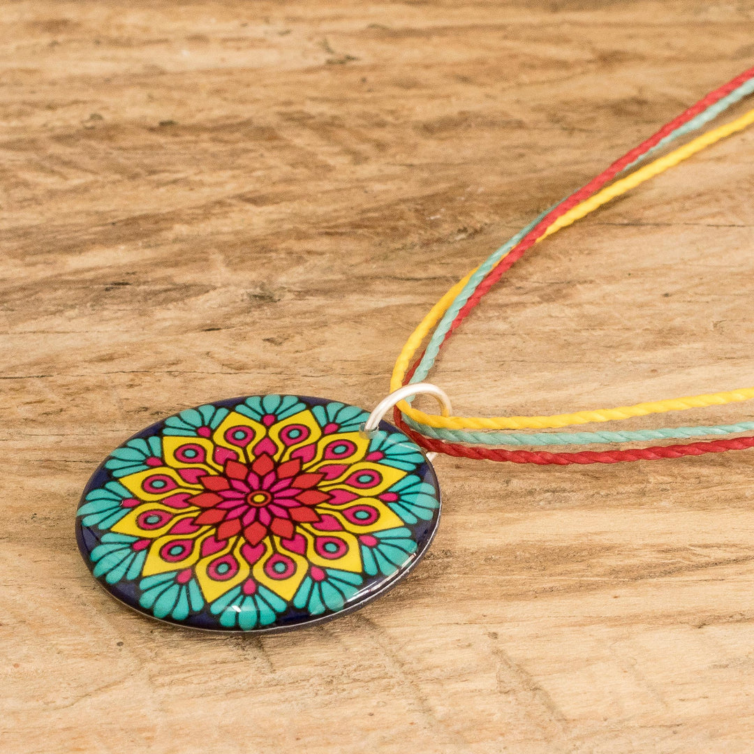 Vibrant Resin Mandala Pendant Necklace with Sliding Knot - Peacock Mandala