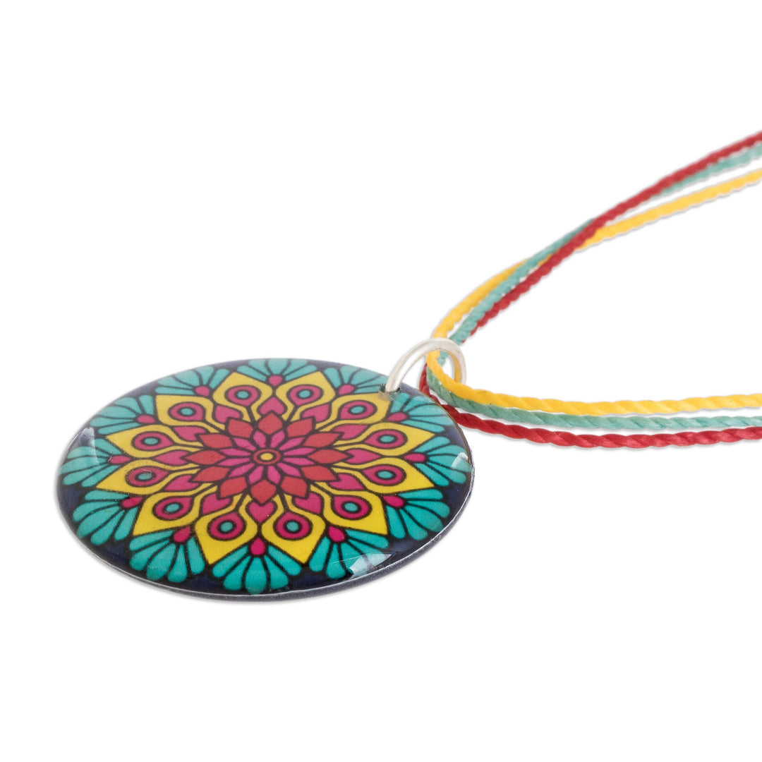 Vibrant Resin Mandala Pendant Necklace with Sliding Knot - Peacock Mandala