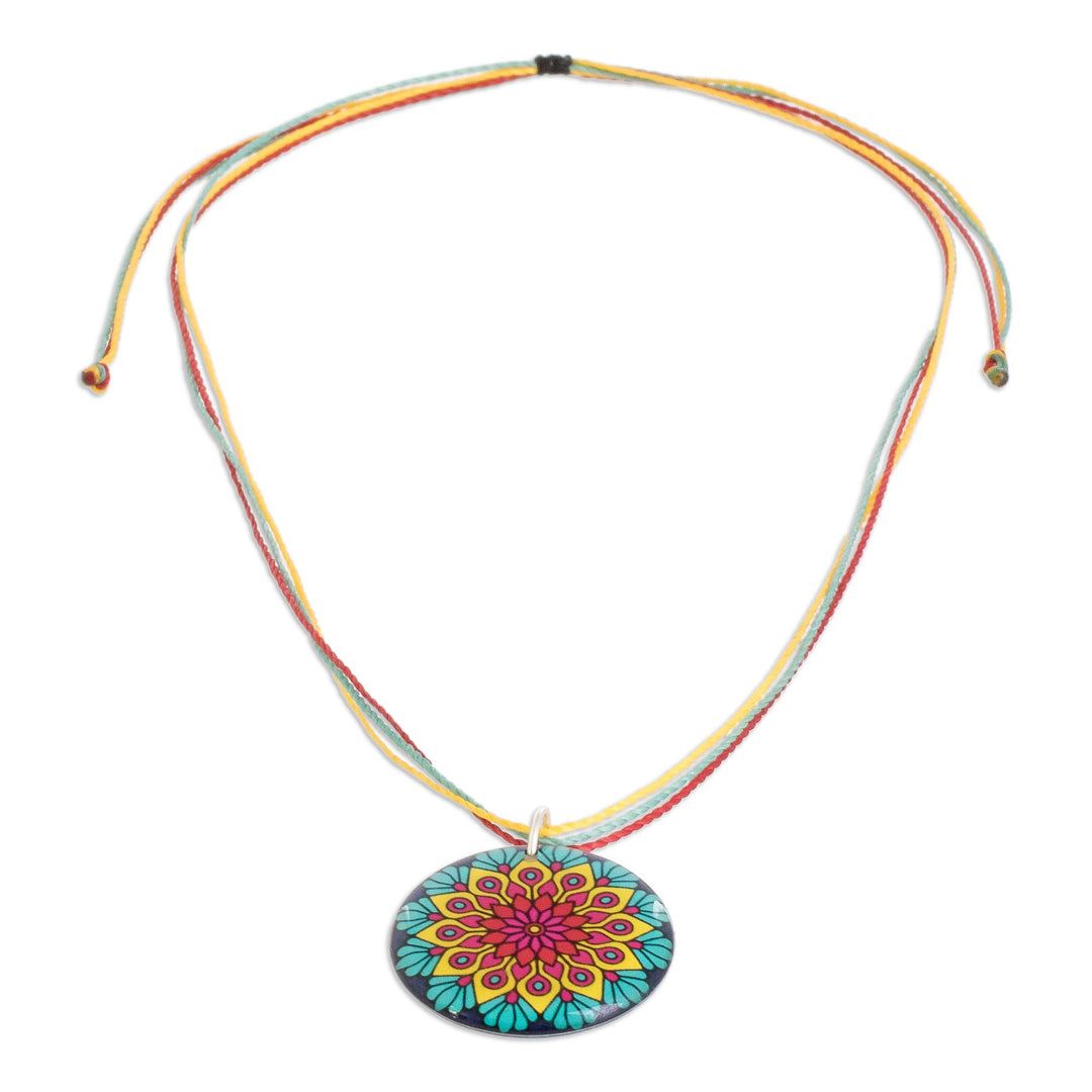 Vibrant Resin Mandala Pendant Necklace with Sliding Knot - Peacock Mandala