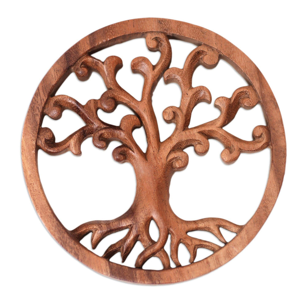 Round Suar Wood Relief Panel Hand-Carved in Bali - Branches of the World