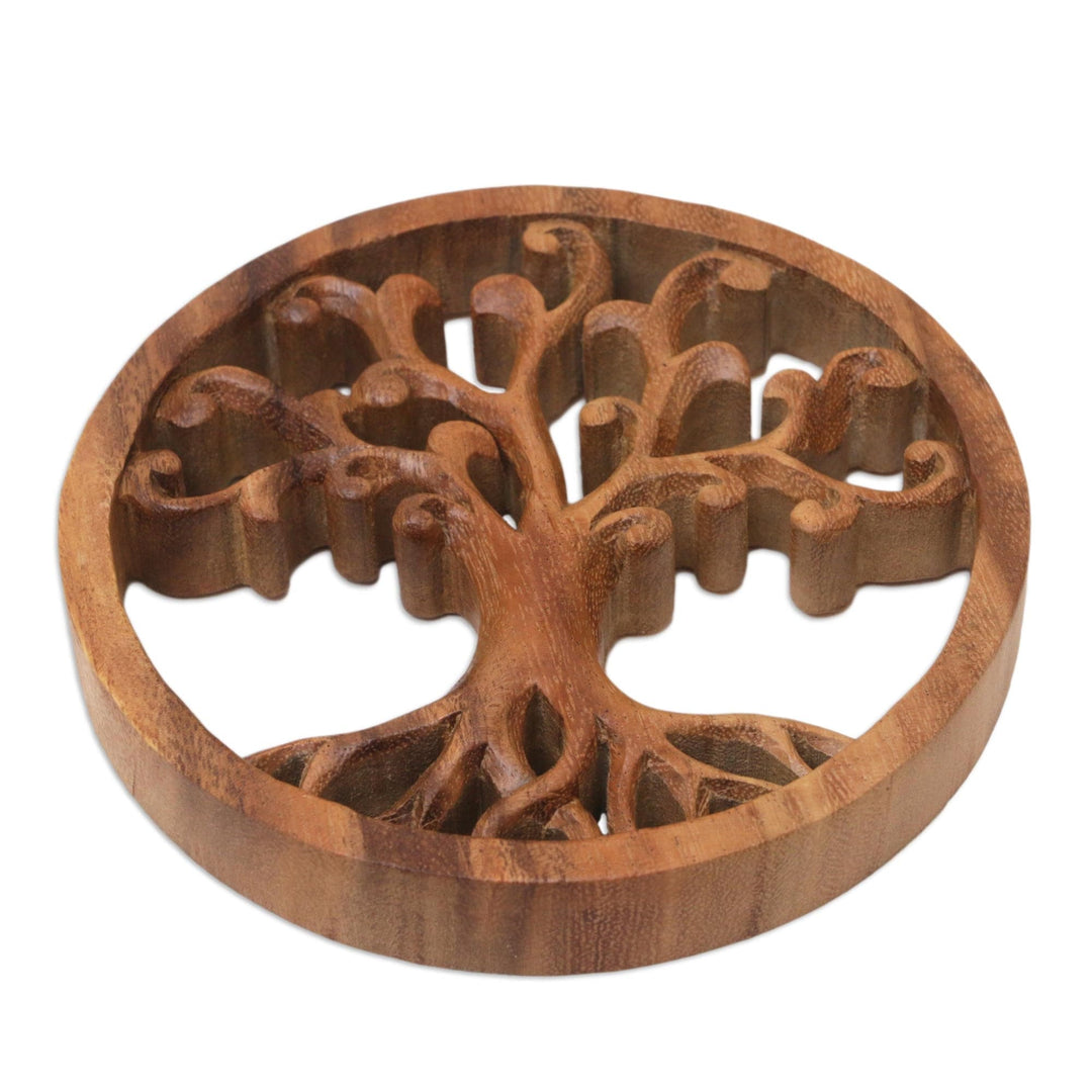 Round Suar Wood Relief Panel Hand-Carved in Bali - Branches of the World