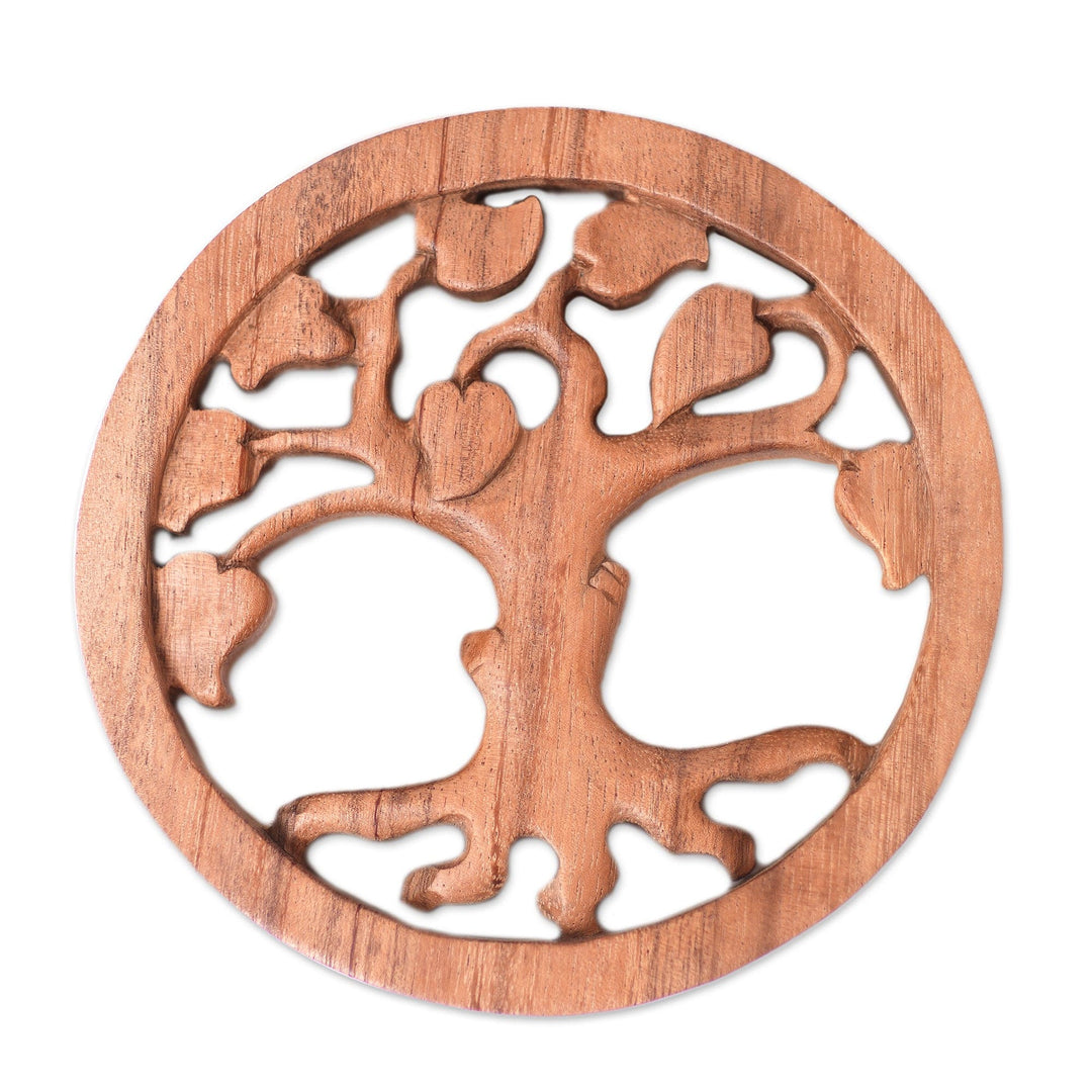 Brown Suar Wood Relief Panel of Leafy Tree from Bali - Forest Afternoon