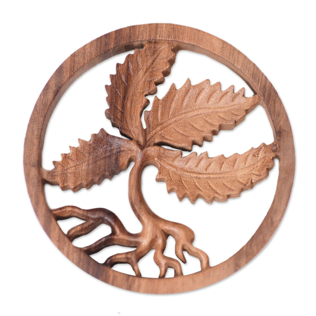 Natural Brown Suar Wood Relief Panel of Palm Tree - Serene Palms