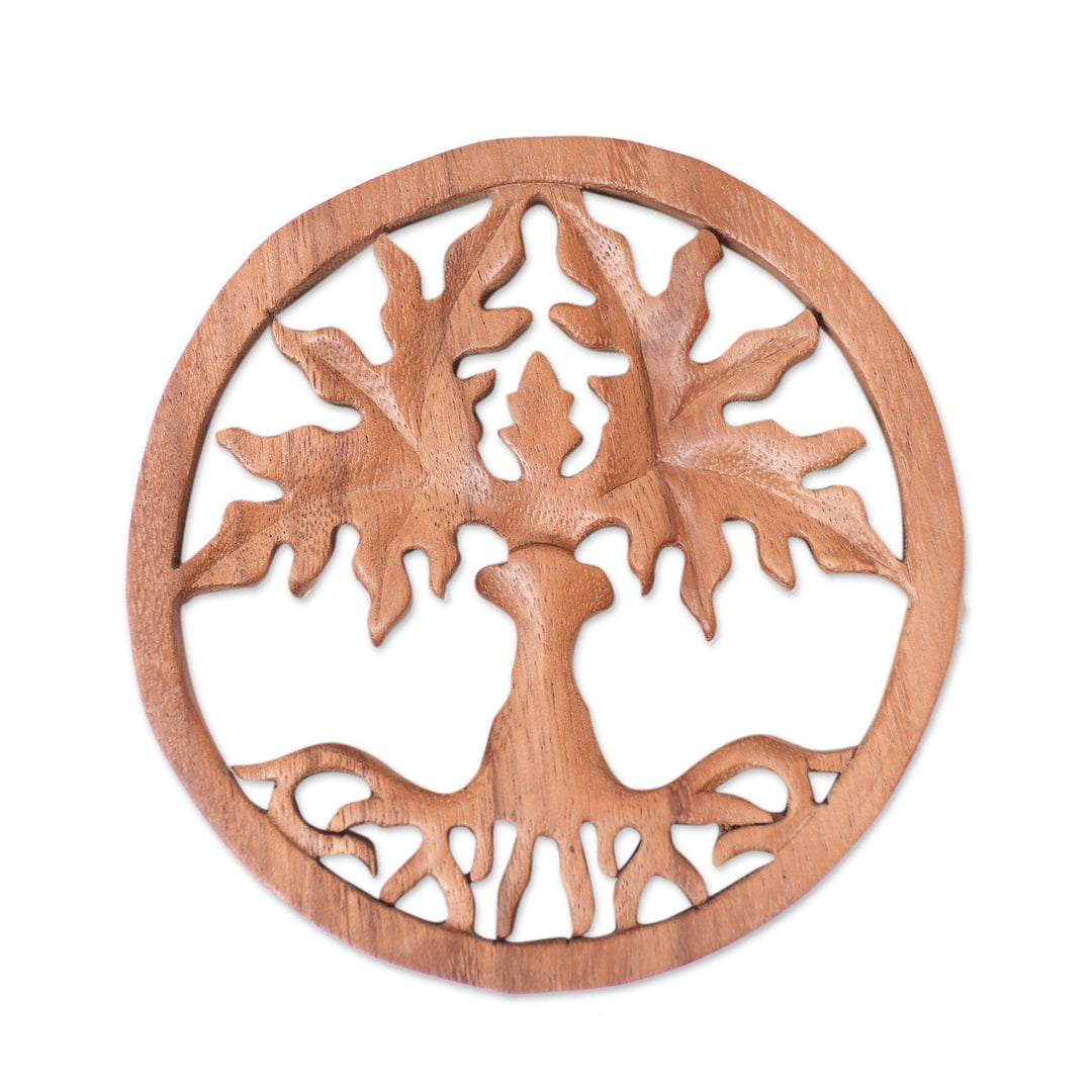 Hand-Carved Polished Brown Suar Wood Relief Panel from Bali - Paradise Forest