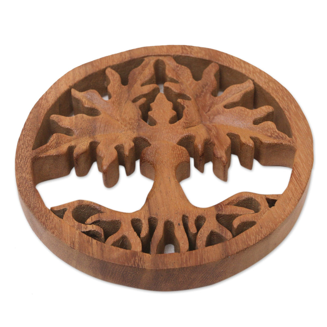 Hand-Carved Polished Brown Suar Wood Relief Panel from Bali - Paradise Forest