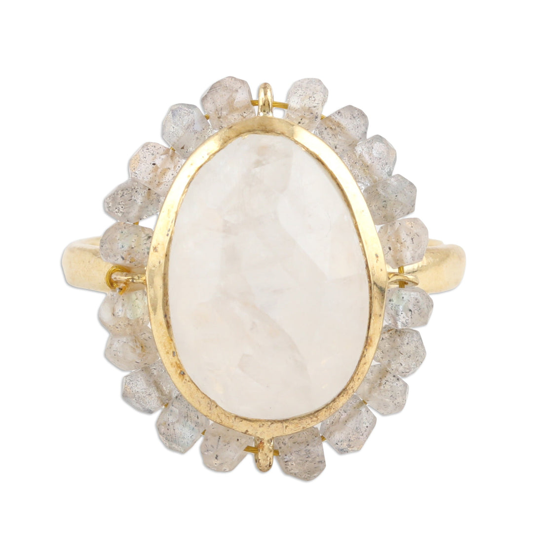 18k Gold-Plated Cocktail Ring with Faceted Gem and Beads - Radiant Oasis