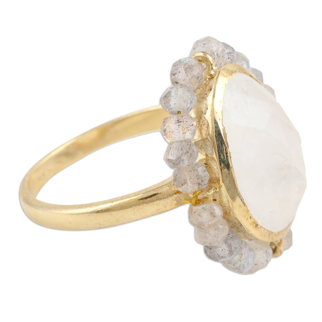 18k Gold-Plated Cocktail Ring with Faceted Gem and Beads - Radiant Oasis