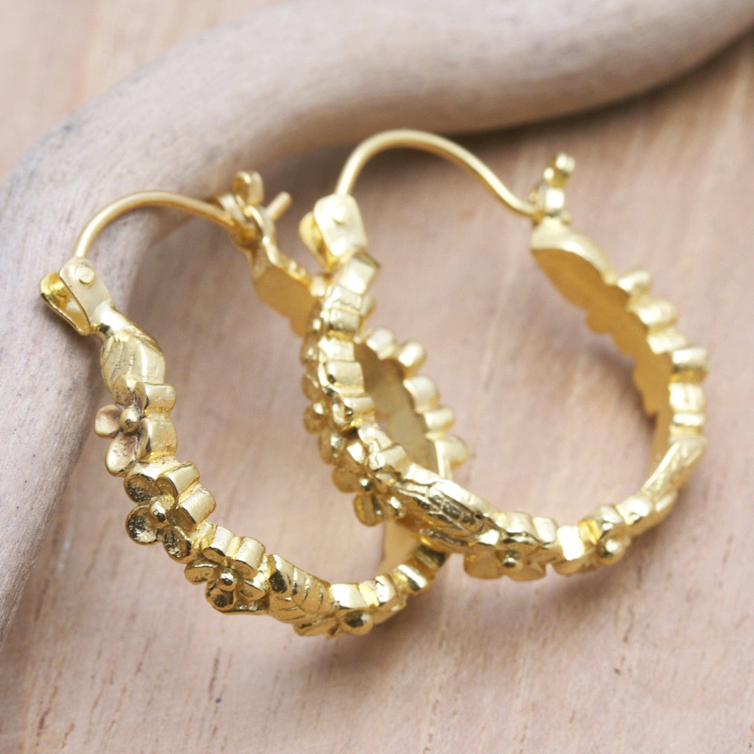 18k Gold-Plated Flower Wreath Hoop Earrings from Bali - Flower Wreaths