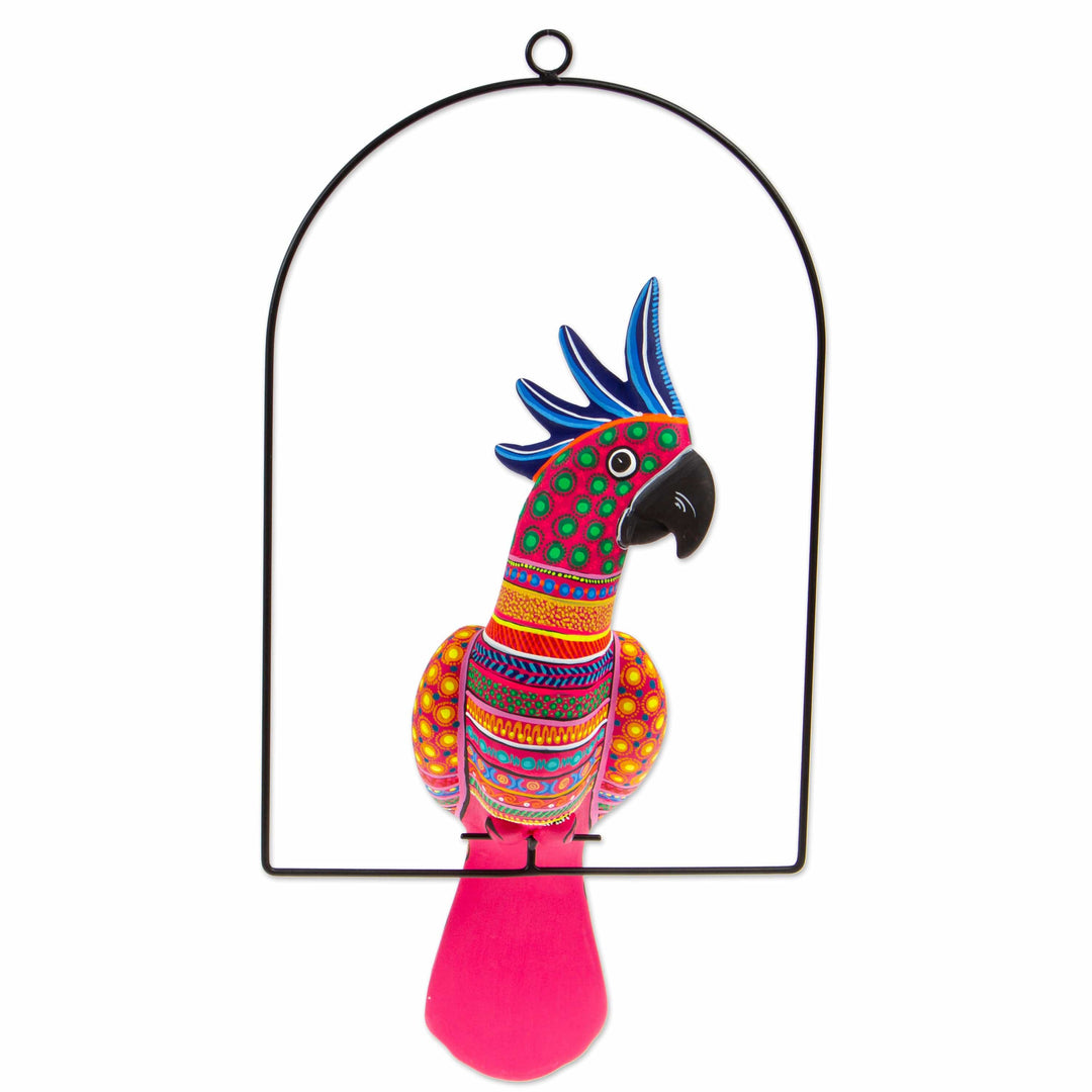 Handmade Ceramic Alebrije Pink Cockatoo Sculpture with Base - Eden Feathers in Cerise