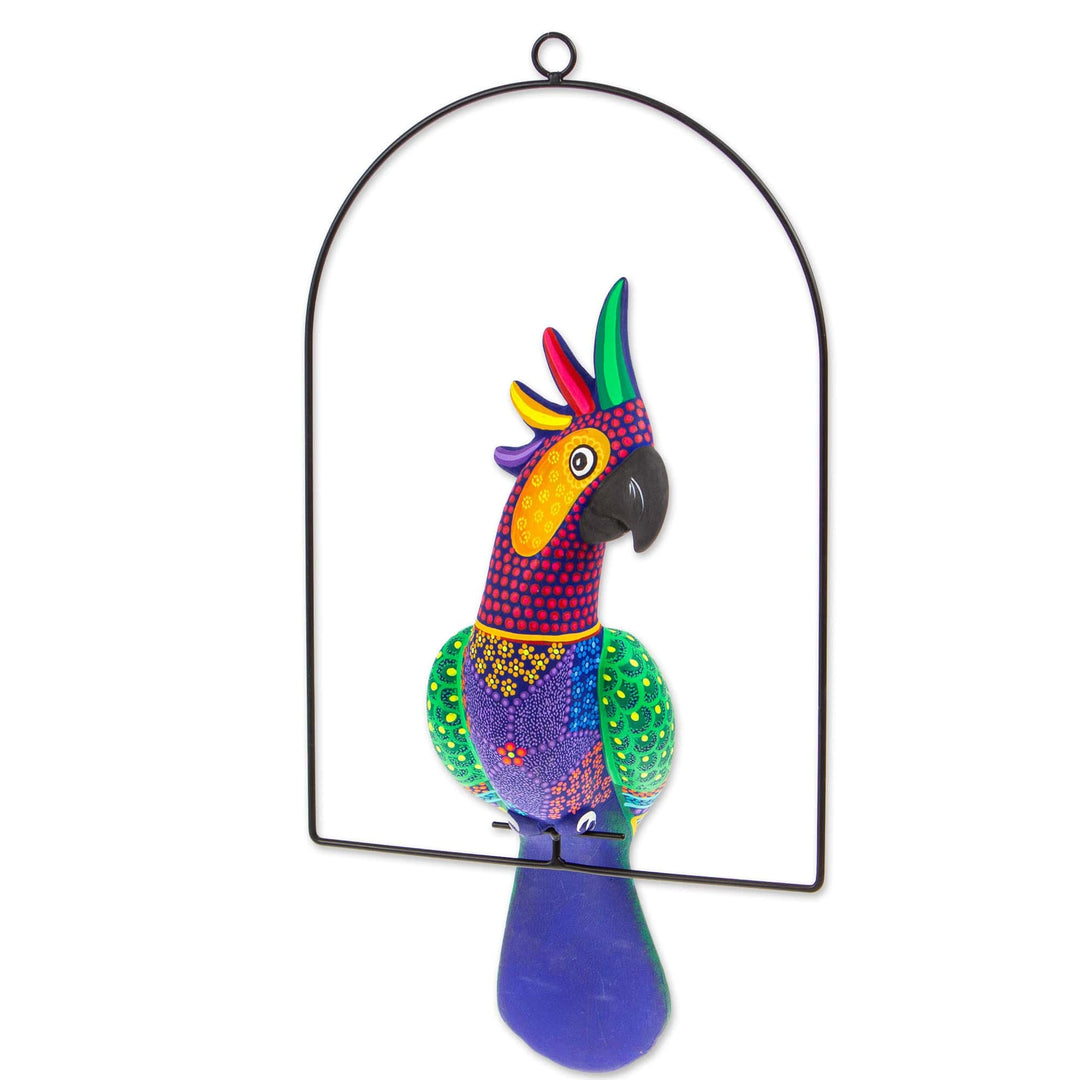 Handmade Ceramic Alebrije Blue Cockatoo Sculpture with Base - Eden Feathers in Blue