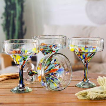 Set of 4 Colorful Handblown Margarita Glasses from Mexico - Chromatic Finesse