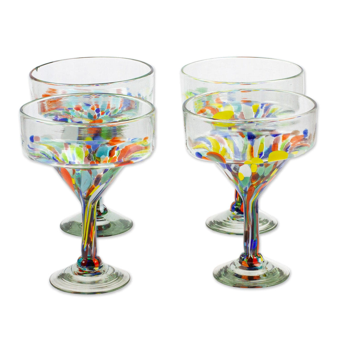 Set of 4 Colorful Handblown Margarita Glasses from Mexico - Chromatic Finesse