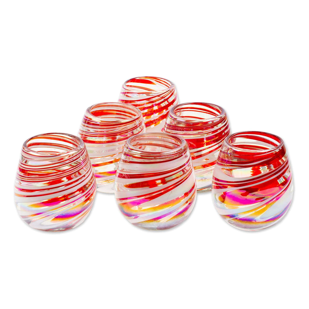 Set of 6 Eco-Friendly Red Handblown Stemless Wine Glasses - Tropical Swirl